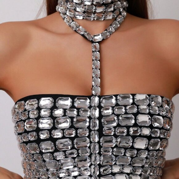 Black Party Women's Rhinestone Halter Neck Sexy & Versatile Camisole Top - Picture 9 of 9